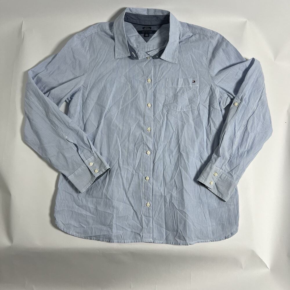 Tommy Hilfiger Men's Blue/White Striped Woven Cotton Button-Up LS Pockets XL